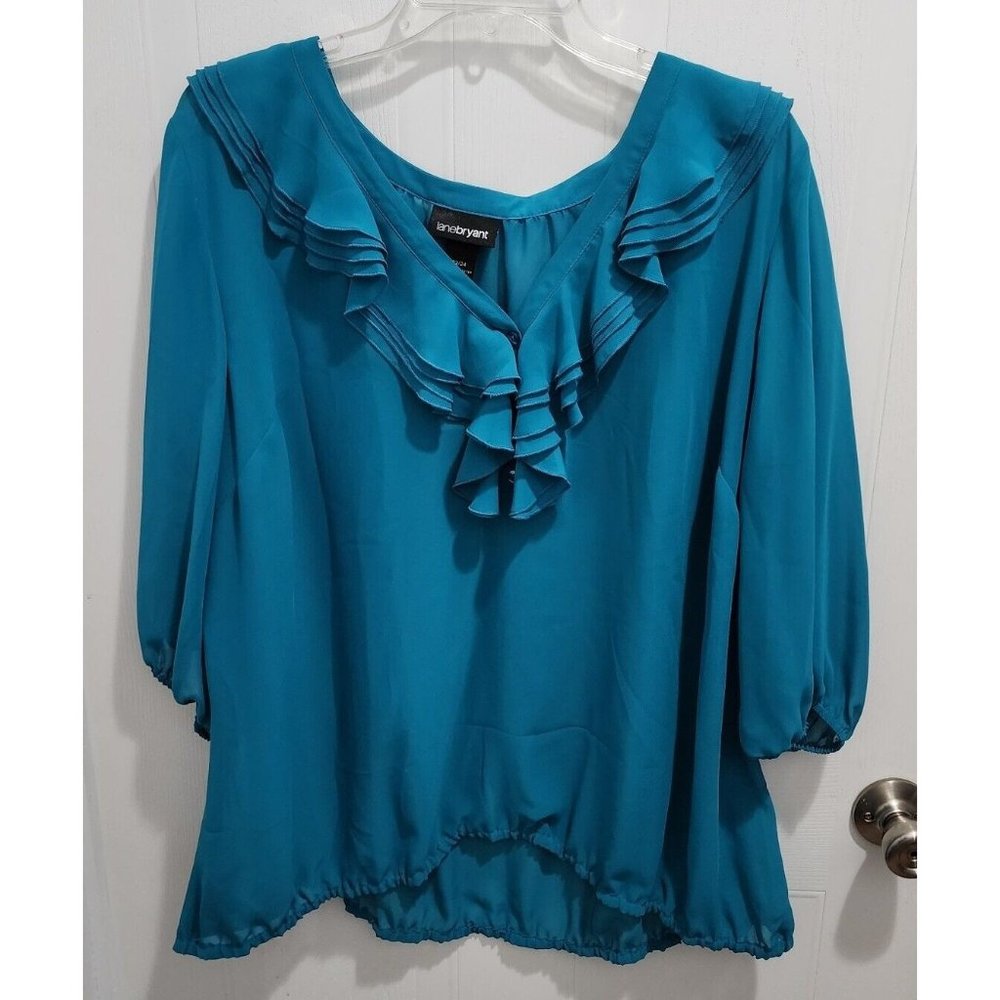 NEW LANE BRYANT Women's Ruffle Neck 3/4 Sleeve Blouse Top Elastic Blue Sz 22/24